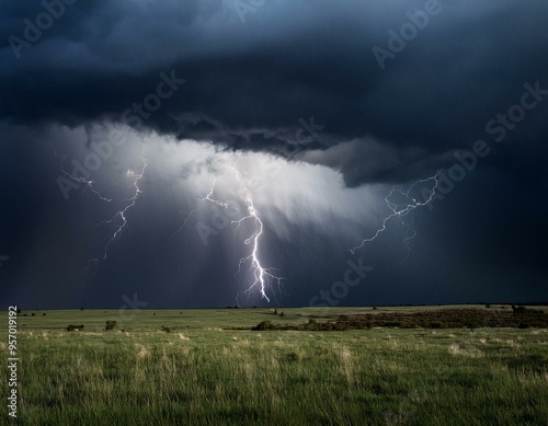 Dark rainy stormy cloud with lightning and rain photo