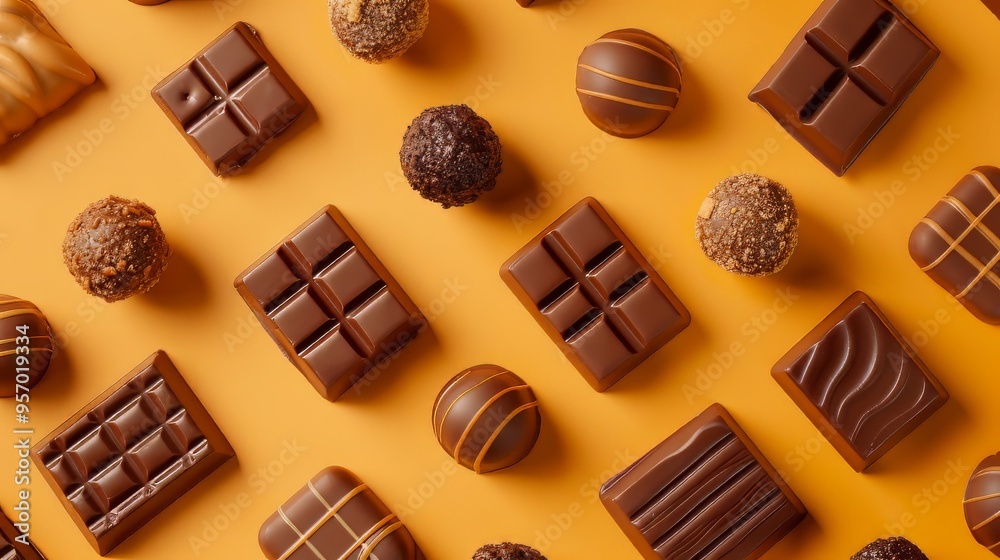 An assortment of chocolate bars, truffles, and bonbons