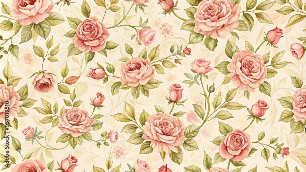Delicate, repeating rose motif in soft blush hues on cream background, ideal for wallpaper, fabrics, or inspirational interior design elements with romantic, vintage charm. Delicate, repeating rose motif in soft blush hues on cream background, ideal for wallpaper, fabrics, or inspirational interior design elements with romantic, vintage charm.
