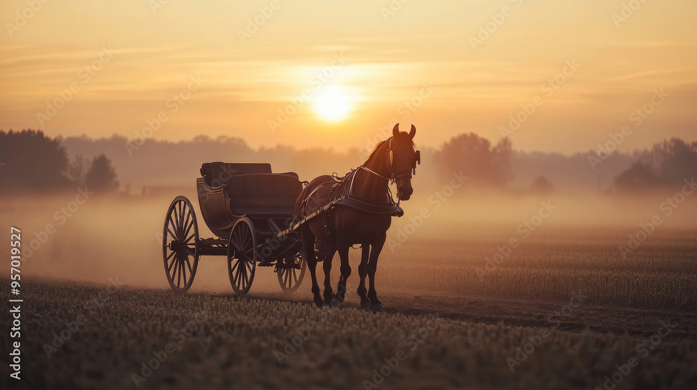 Horse Carriage Silhouette at Sunrise in a Misty Field Horse Carriage Silhouette at Sunrise in a Misty Field