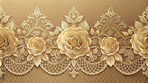 Delicate rose motifs adorn a luxurious gold lace border, featuring intricate florals and ornate details, perfect for elegant designs, invitations, and sophisticated backgrounds.