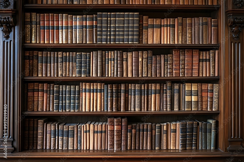 Rows of antique books fill a wooden bookshelf, evoking history and literature. The spines' rich brown hues and intricate patterns create a captivating background Rows of antique books fill a wooden bookshelf, evoking history and literature. The spines' rich brown hues and intricate patterns create a captivating background