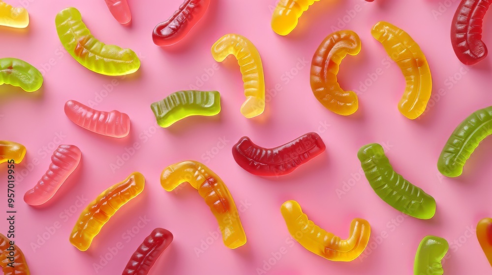 A mix of gummy bears, gummy worms, and gummy rings A mix of gummy bears, gummy worms, and gummy rings