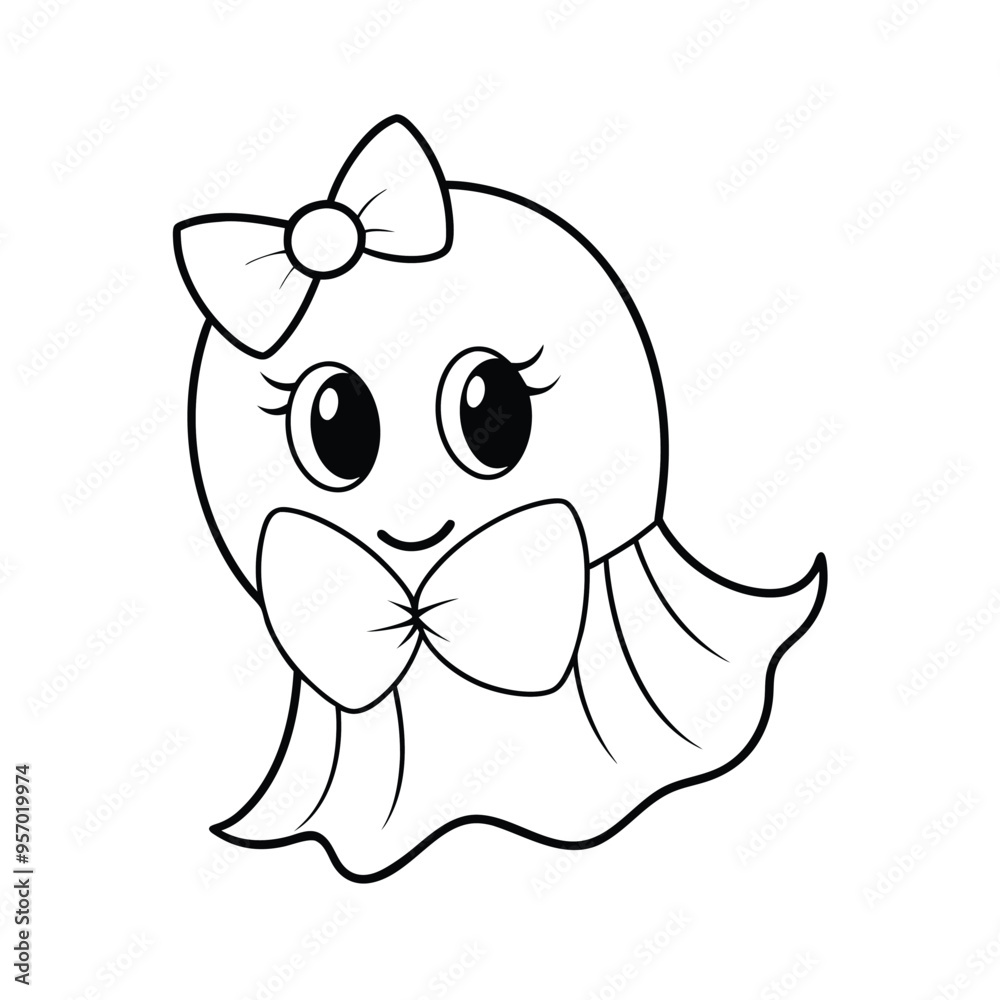 Fototapeta premium Cute Halloween pink ghost with a coquette bow vector illustration. Perfect for girly, stylish designs, stickers, decor, and fun Halloween-themed projects.
