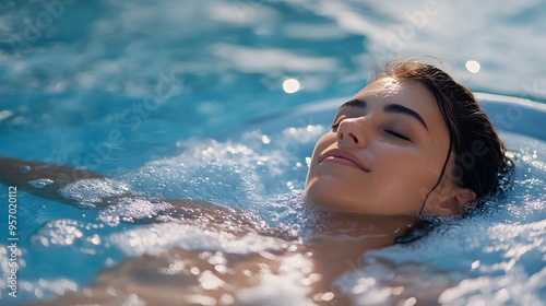 Serene Woman Relaxing in Jacuzzi Spa with Eyes Closed Wellness and Bodycare Concept