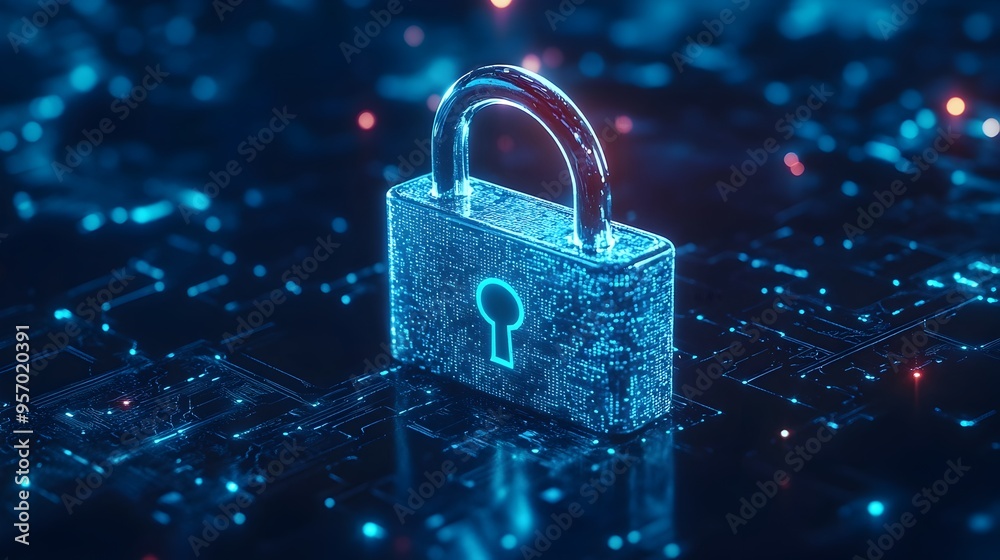 Digital Padlock for Secure Computing System on Dark Blue Background Digital Padlock for Secure Computing System on Dark Blue Background