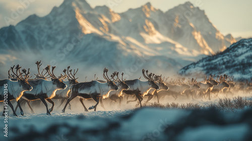 Reindeer Herd Running Through Snowy Mountains photo