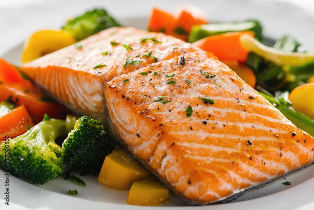 Close-up of Grilled Salmon with Broccoli and Carrots Close-up of Grilled Salmon with Broccoli and Carrots
