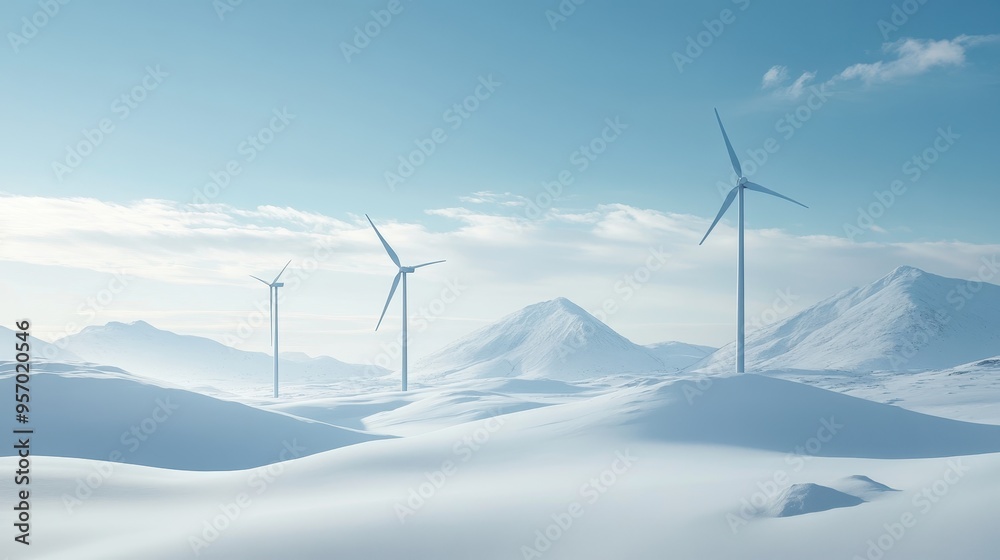 Tranquil Winter Scene with Snow-Covered Wind Turbines Tranquil Winter Scene with Snow-Covered Wind Turbines