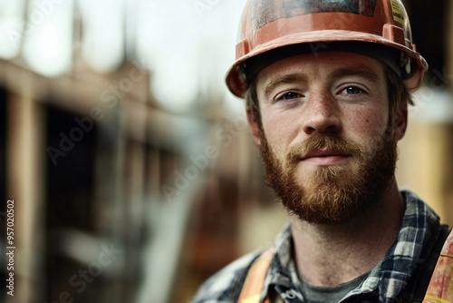 Confident construction worker in hard hat and reflective vest on busy job site, exuding determination and skill