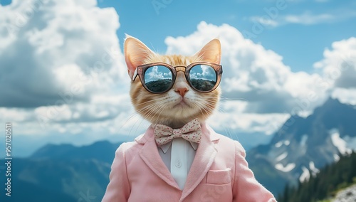 Fashionable cat wearing pink coat, bow tie and sunglasses on the background of mountains photo