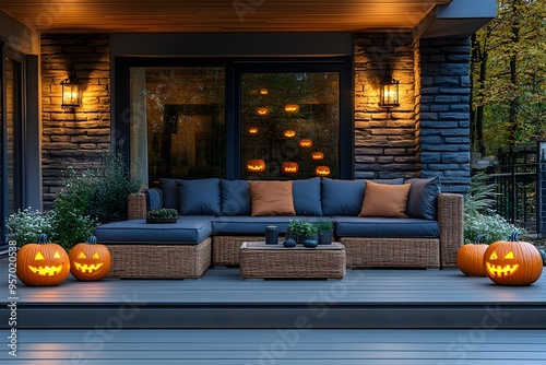 Cozy Autumn Terrace with Pumpkin Lanterns Celebrating Halloween Holiday