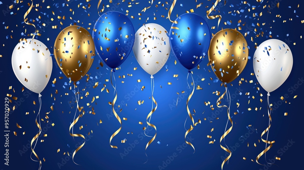 Fototapeta premium An elegant arrangement of blue, white, and gold balloons with festive confetti on a dark blue background, perfect for sophisticated celebrations