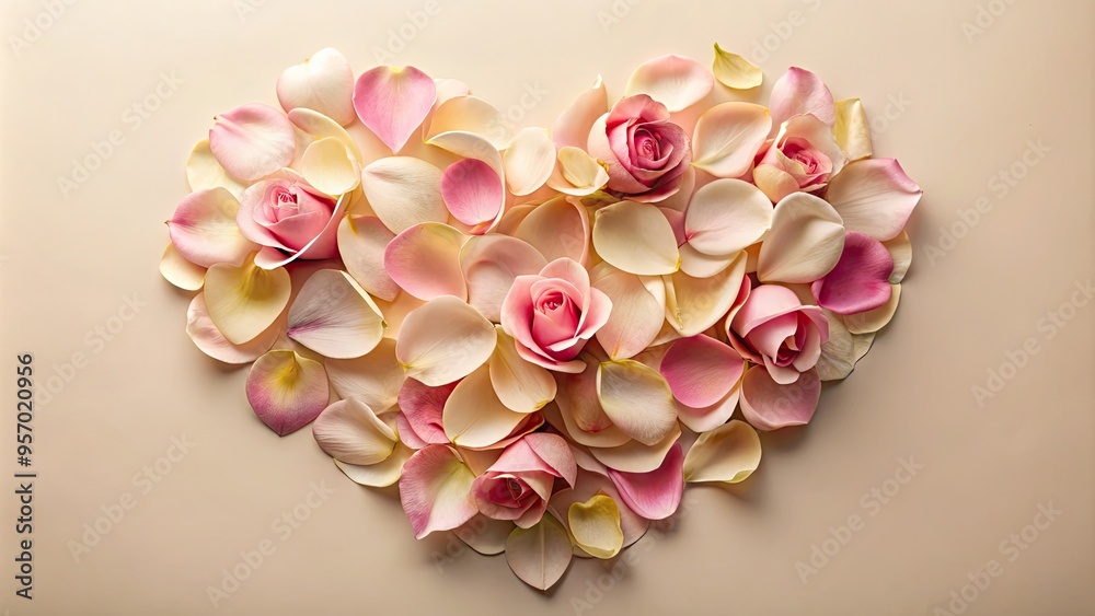 Obraz premium Delicate rose petals arranged in a heart shape on a soft, creamy background, evoking feelings of love, romance, and elegance in a serene, minimalist composition.