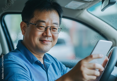 Portrait of young Asian man using smart phone while sitting in car