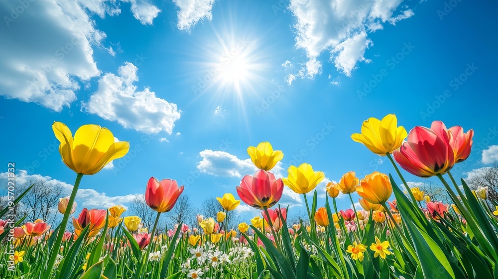 A field under a blue sky filled with early-blooming tulips, daffodils, and other flowers, showcasing the beauty of springtime. A field under a blue sky filled with early-blooming tulips, daffodils, and other flowers, showcasing the beauty of springtime.