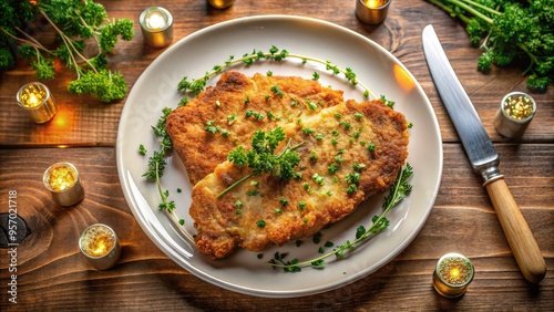 Tender veal cutlet, garnished with fresh parsley and thyme, sits atop a white plate, beautifully presented from a top view, with a pop of golden lighting.