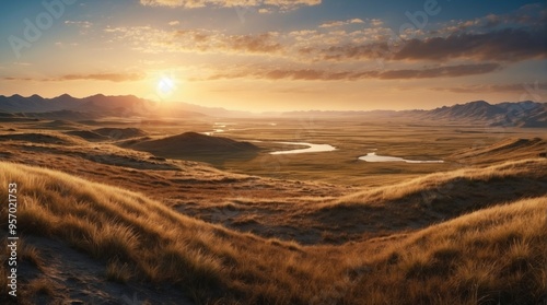 Cartoon illustration of steppes and mountains