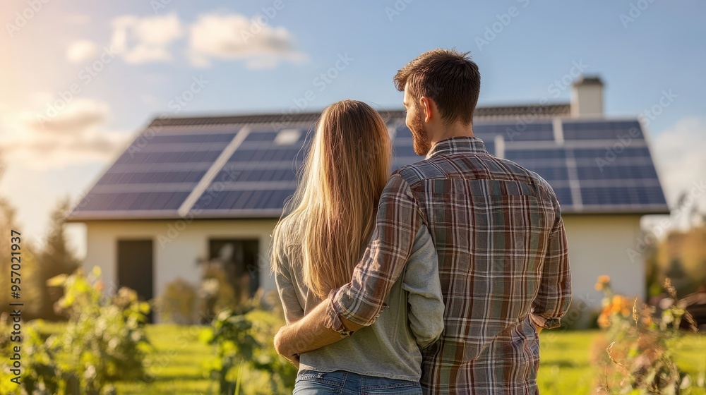 A New Beginning: Young Couple in Love Admiring Solar Panels on Eco-Home Roof A New Beginning: Young Couple in Love Admiring Solar Panels on Eco-Home Roof