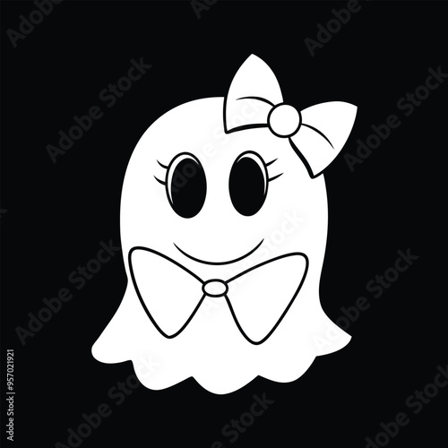 Cute Halloween pink ghost with a coquette bow vector illustration. Perfect for girly, stylish designs, stickers, decor, and fun Halloween-themed projects.