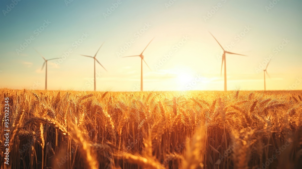 Fototapeta premium Renewable Energy in Agriculture: Wind Turbines Among Golden Wheat Fields