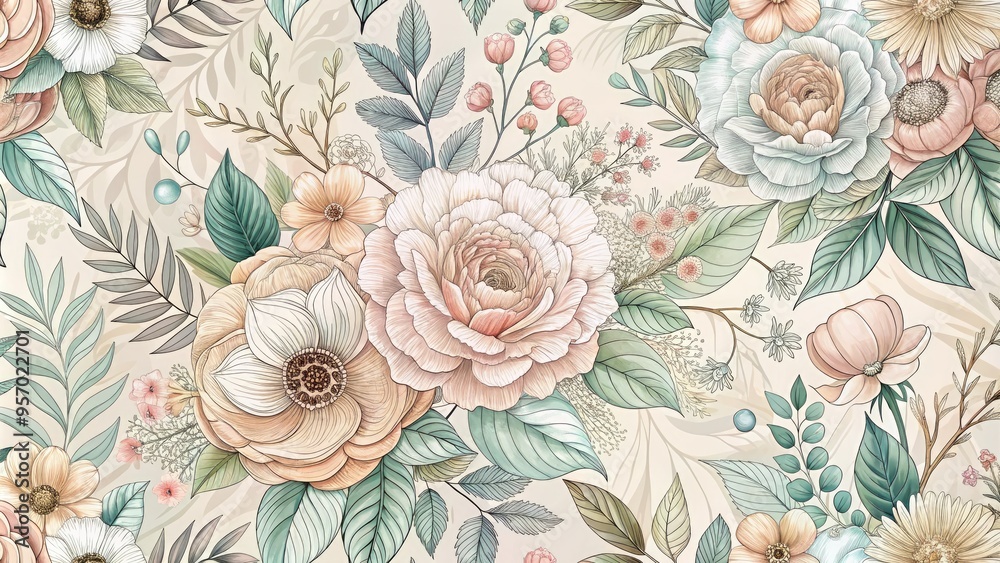 Delicate sketched florals in soft pastel hues, adorned with intricate textures and patterns, blend traditional and digital art elements in a whimsical vector design. Delicate sketched florals in soft pastel hues, adorned with intricate textures and patterns, blend traditional and digital art elements in a whimsical vector design.