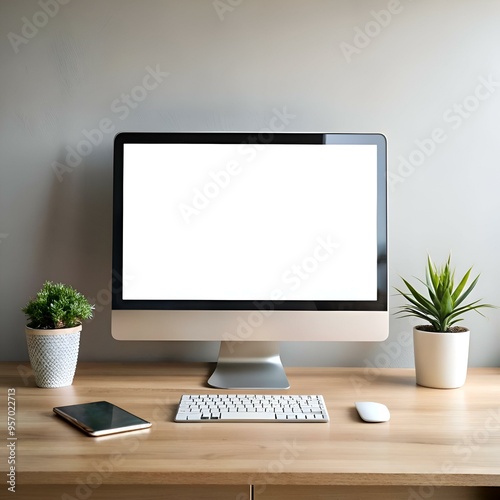 Clean. minimalist desktop with a computer monitor. keyboard. mouse. and two potted plants. photo