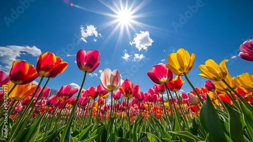 A lively expanse of tulips in full bloom beneath a clear, sunny sky.