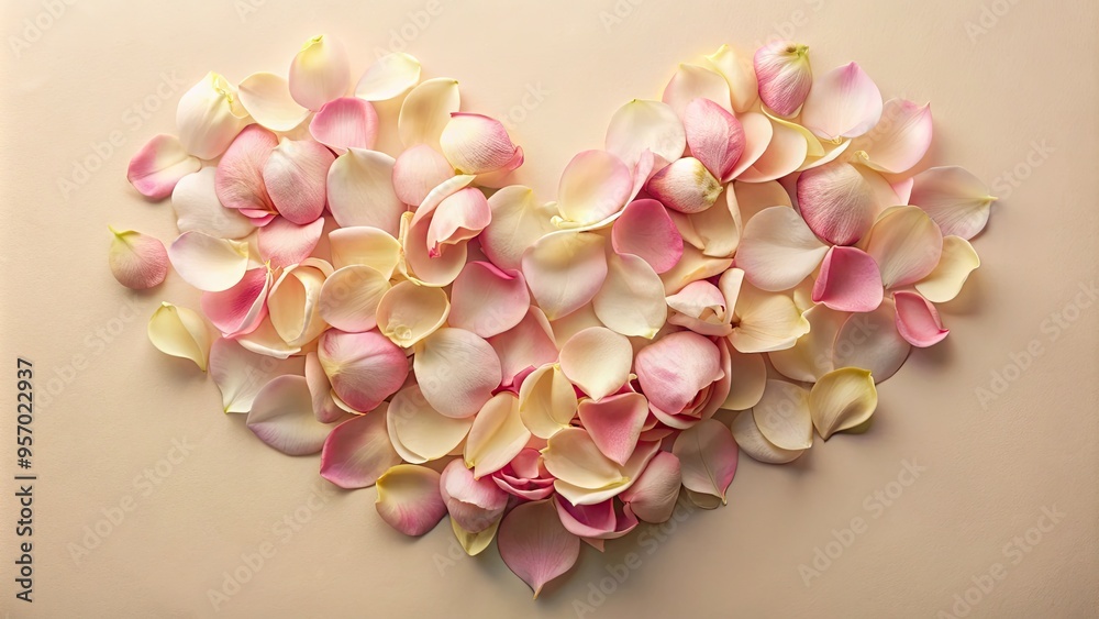 Obraz premium Delicate, soft-focus rose petals arranged in a romantic heart shape on a gentle, creamy background, exuding subtle elegance and tender, loving sentiment.