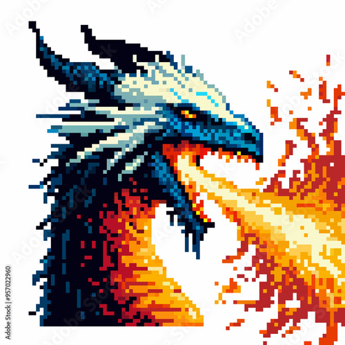 A pixel art dragon with sharp horns and scales emits vibrant flames from its open maw against a plain background.