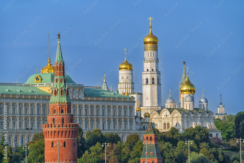 View of the Kremlin Cathedrals from the Patriarchal Bridge in Moscow, Russia View of the Kremlin Cathedrals from the Patriarchal Bridge in Moscow, Russia