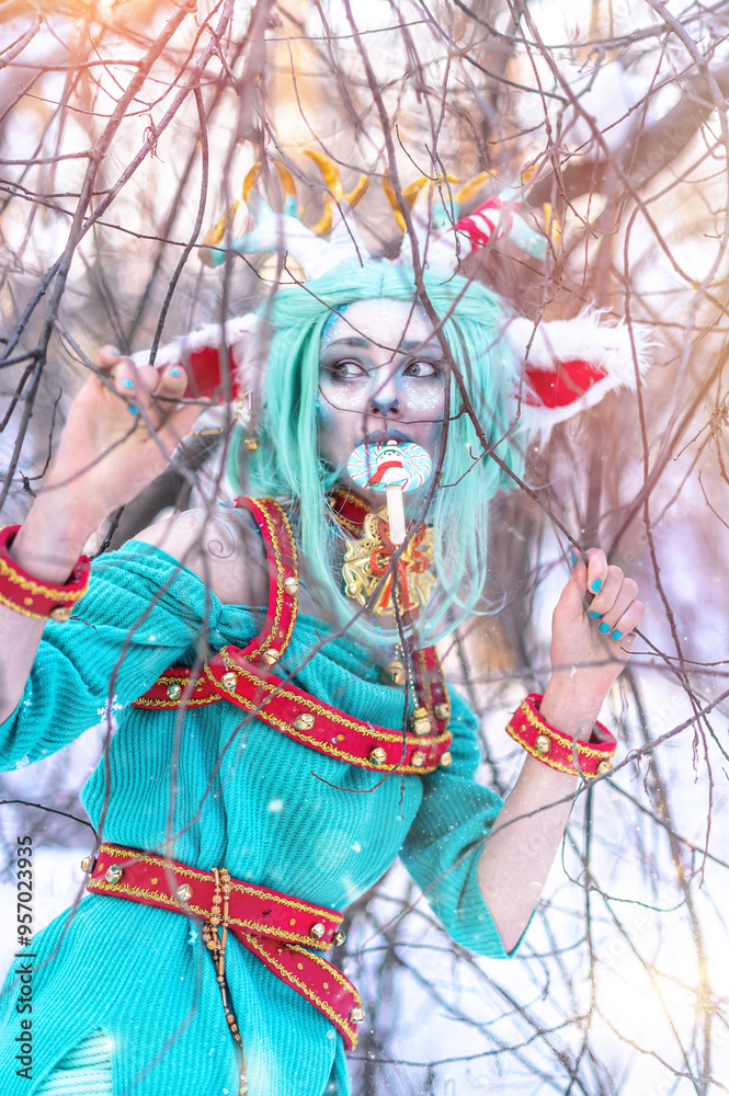 Christmas deer girl looking for gifts for Santa in winter in the forest Christmas deer girl looking for gifts for Santa in winter in the forest
