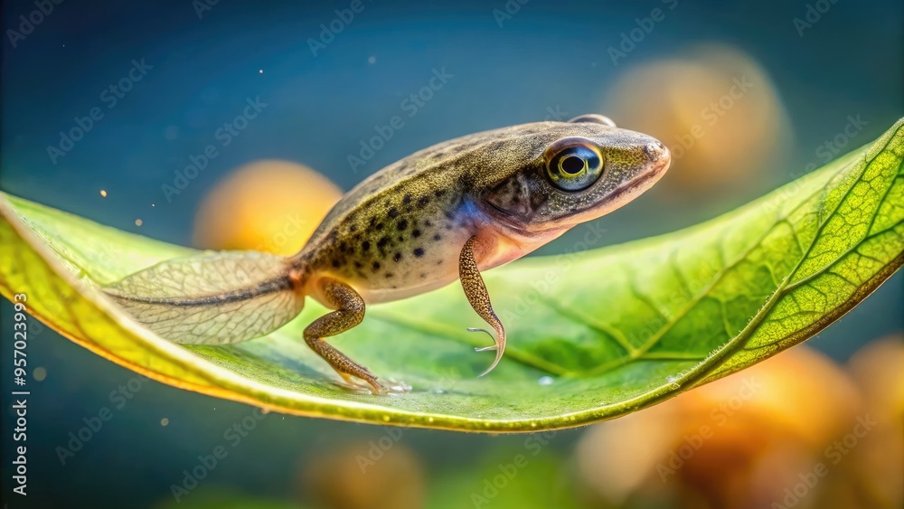Delicate, translucent tadpole clings to a submerged leaf, its tiny features and gills magnified in stunning close-up, set against a soft, blurred aquatic background. Delicate, translucent tadpole clings to a submerged leaf, its tiny features and gills magnified in stunning close-up, set against a soft, blurred aquatic background.