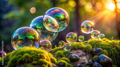 Delicate, transparent soap bubbles cluster on a moss-covered stone, radiating miniature rainbows and intricate, swirling patterns in a mesmerizing display of fragile, ephemeral beauty. photo