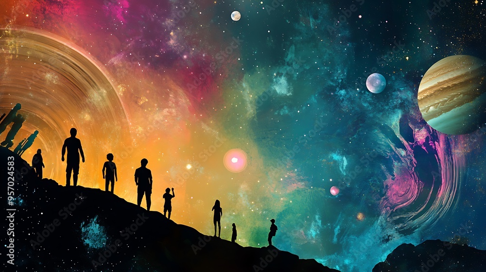 Cosmic Exploration - Silhouette of People in Space with Vibrant Planets and Stars Background Cosmic Exploration - Silhouette of People in Space with Vibrant Planets and Stars Background