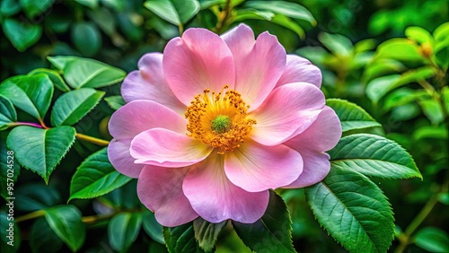 Delicate, velvety petals of a soft pink hue unfurl from a golden yellow center, surrounded by lush green leaves, evoking serenity and natural beauty.