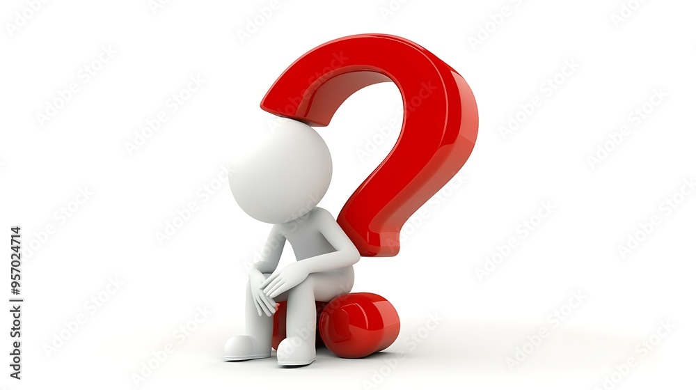 Pondering the Unknown - 3D Icon of a Thoughtful Person Leaning on a Red Question Mark Pondering the Unknown - 3D Icon of a Thoughtful Person Leaning on a Red Question Mark