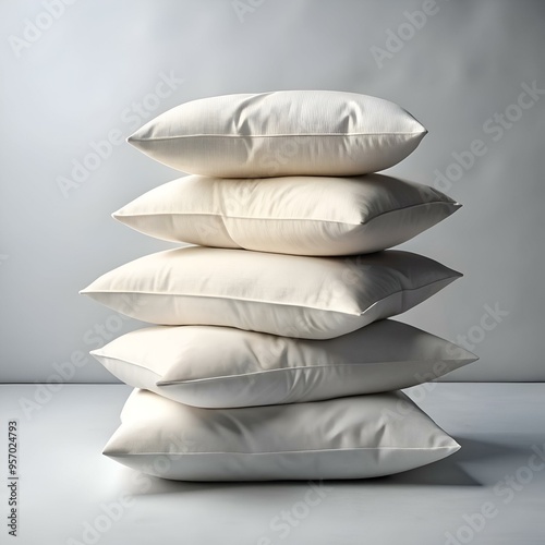 A stack of five pristine white pillows. arranged neatly against a soft gray background.