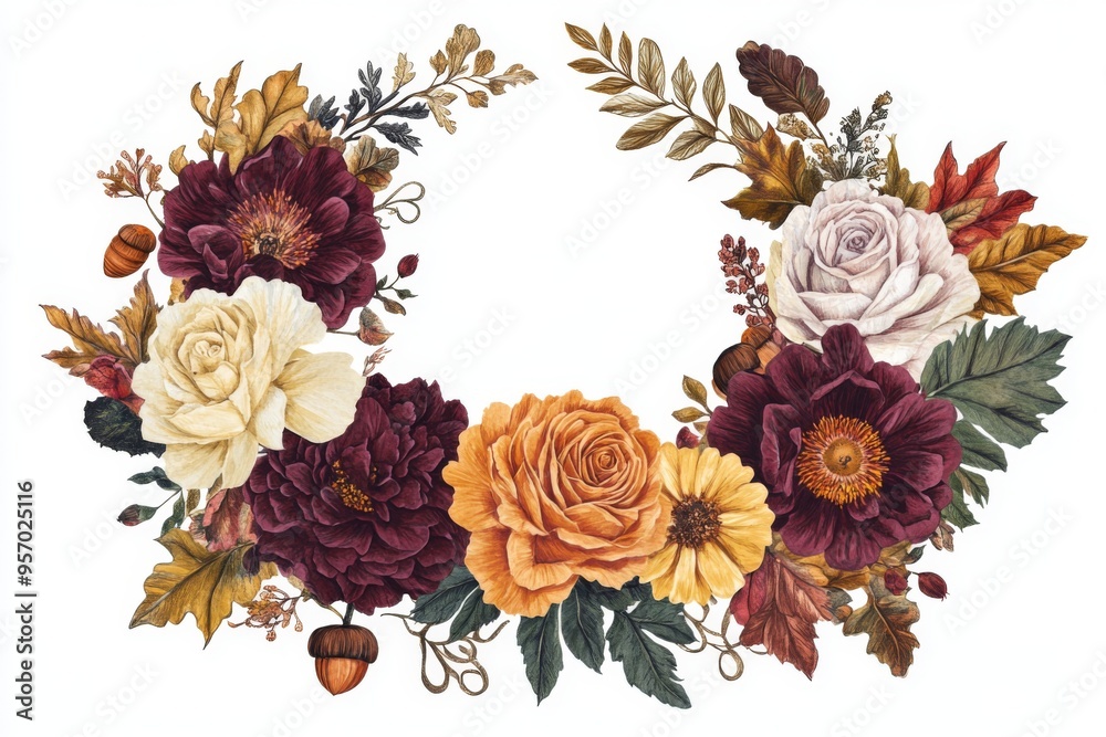 a gorgeous, hand-illustrated design featuring a circle of autumn flowers, including roses and carnations, surrounded by ornate filigree and acorns, in a rich color scheme of burgundy, golden a gorgeous, hand-illustrated design featuring a circle of autumn flowers, including roses and carnations, surrounded by ornate filigree and acorns, in a rich color scheme of burgundy, golden