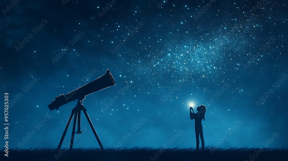 Astronomical Exploration - 3D Person with Telescope Observing Star on Dark Blue Background - High-Resolution Conceptual Image with Sharp Focus Astronomical Exploration - 3D Person with Telescope Observing Star on Dark Blue Background - High-Resolution Conceptual Image with Sharp Focus