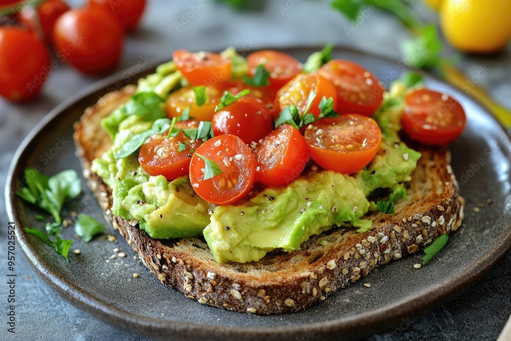 Avocado Toast Topped with Cherry Tomatoes and Parsley Avocado Toast Topped with Cherry Tomatoes and Parsley