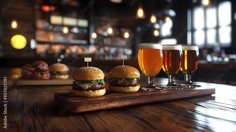 A pub scene with warm wood textures and 3D-rendered craft beer flights served with gourmet beef sliders