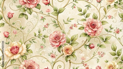 Wallpaper Mural Delicate, vintage-inspired rose pattern adorns a soft, creamy wallpaper, featuring intricate illustration of blooming flowers and swirling tendrils in a romantic, whimsical design. Torontodigital.ca