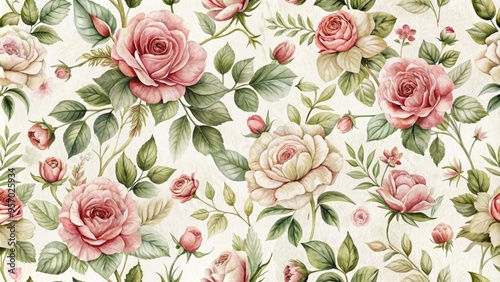 Wallpaper Mural Delicate, vintage-inspired rose pattern adorns a soft, white textile fabric, featuring intricate, hand-drawn blooms and subtle, watercolor-style shading in a romantic, whimsical design. Torontodigital.ca