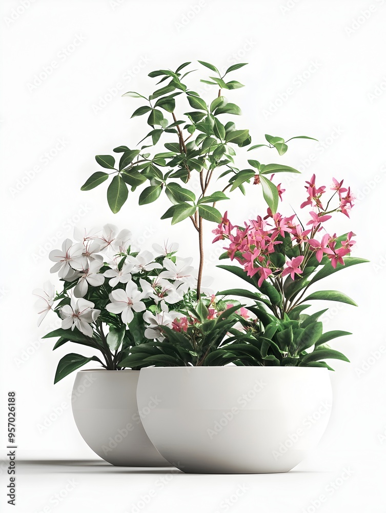 Elegant Plant Nursery Display with Potted Flowers and Lush Foliage on Pristine White Background Elegant Plant Nursery Display with Potted Flowers and Lush Foliage on Pristine White Background