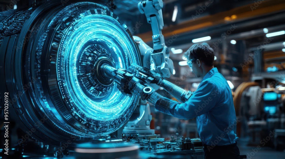 Fototapeta premium Neon blue lights illuminate a futuristic industrial scene where a wind turbine engineer operates a robotic arm to assemble turbine parts The shot is a long