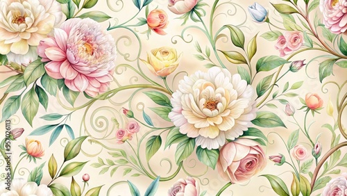 Delicate watercolor floral pattern features blooming peonies, roses, and daisies in soft pastel hues, intertwined with elegant swirls and ornate lines on a cream background.
