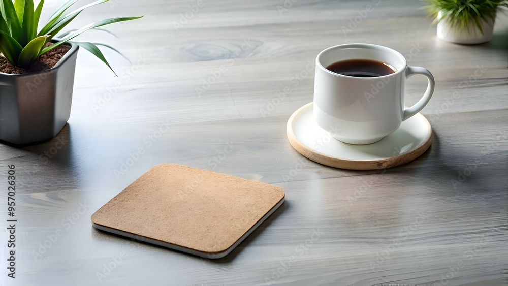 A simple yet elegant image featuring a cup of coffee on a wooden coaster. accompanied by a potted plant and a stylish cork coaster. A simple yet elegant image featuring a cup of coffee on a wooden coaster. accompanied by a potted plant and a stylish cork coaster.