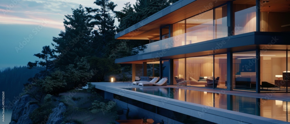 Fototapeta premium A luxurious cliffside house with expansive glass windows offers breathtaking views of a serene forest and the distant horizon at twilight.