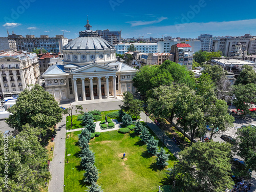 Romanian Atheneum in Bucharest. Aerial view of this amazing landmark historical building from Bucharest, Romania, on Victoriei Avenue (Calea Victoriei). Travel to Romania.